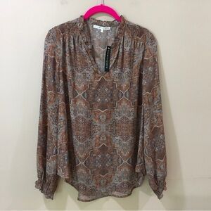 New Violet+claire Paisley Orange Grey Brown Long Sleeve Blouse top size M Womens